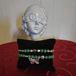Green Beaded Bracelet Set with Silver Butterfly Charm Accents